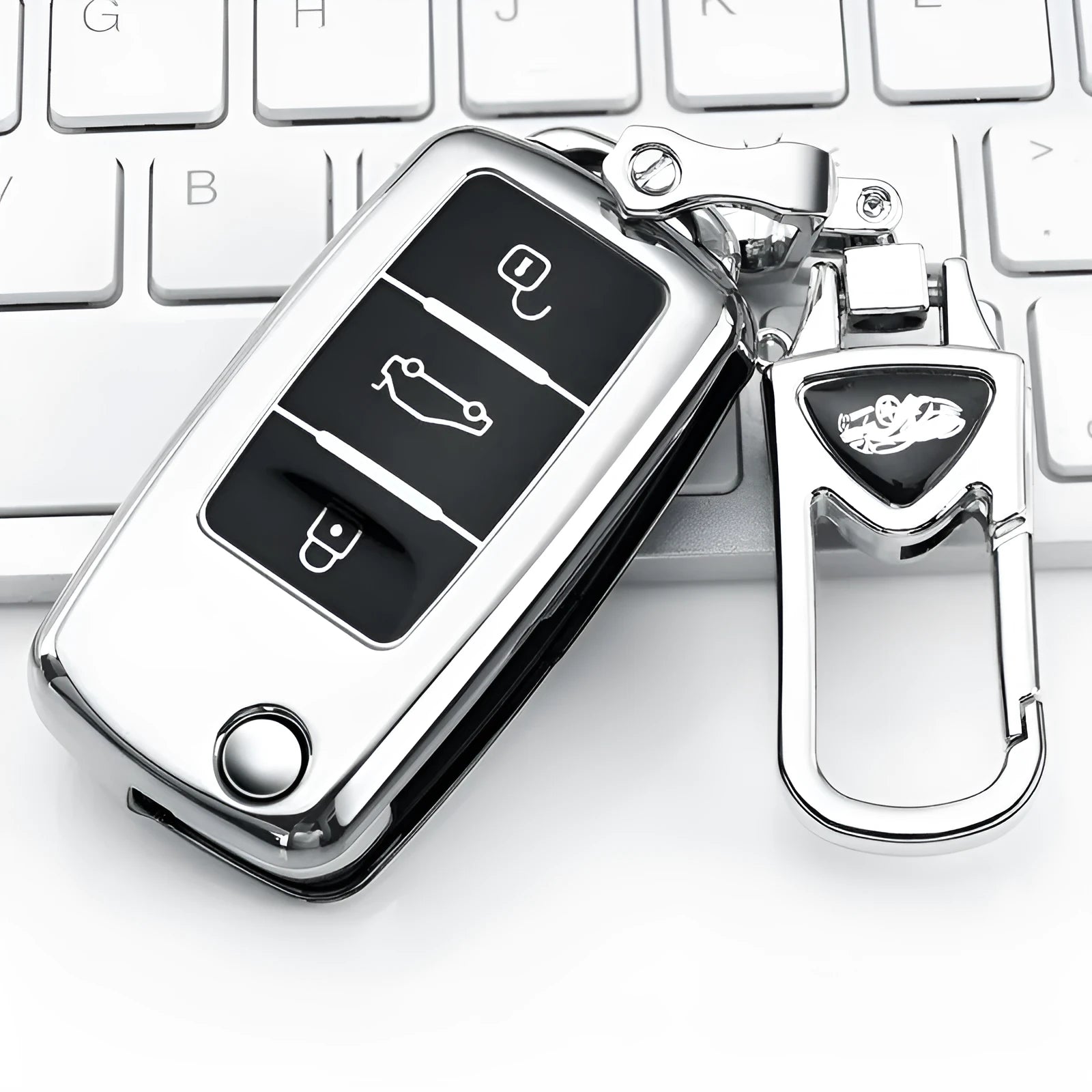 VW Model A folding car key case with buckle closure in blue, pink, red, and silver colour options.
