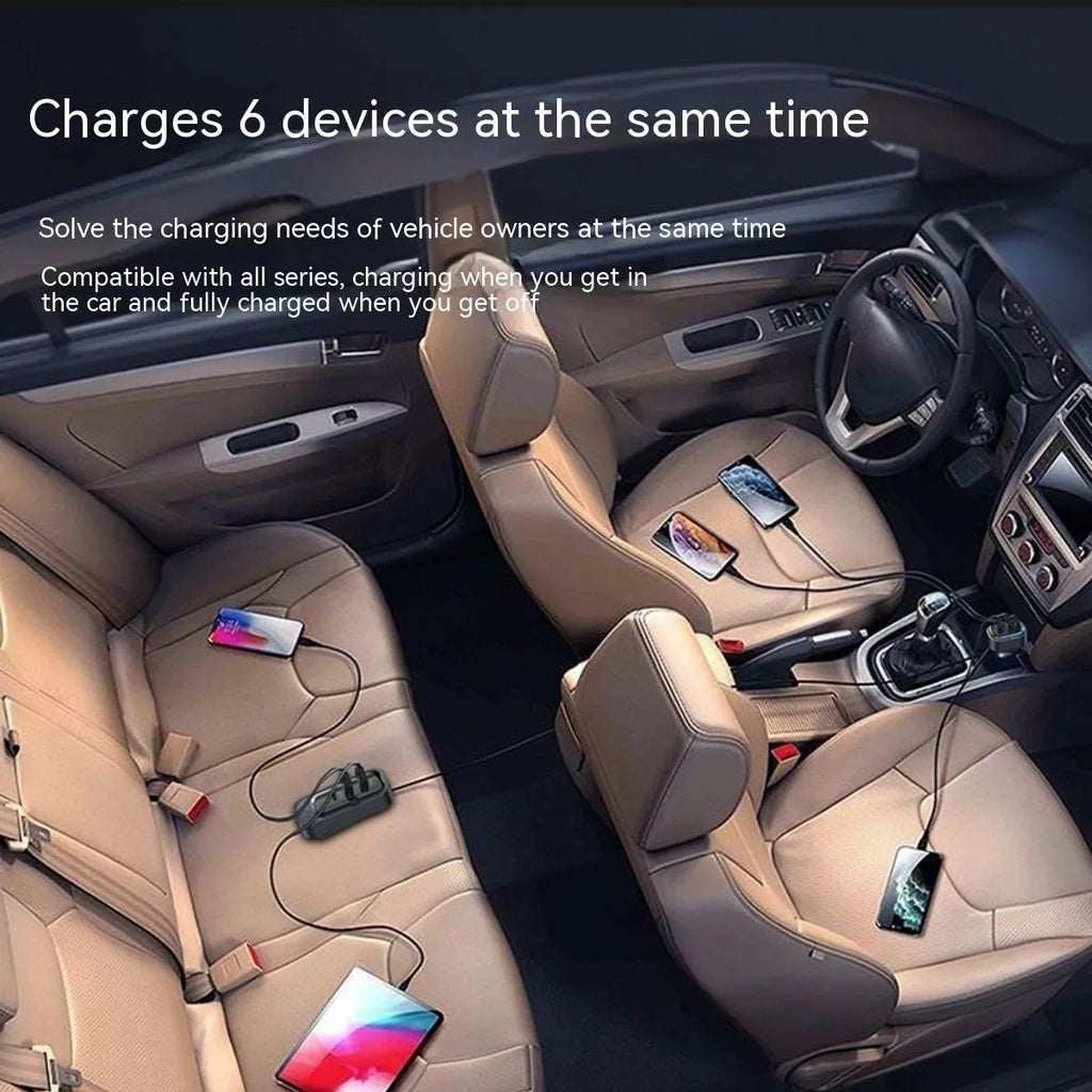 120W universal car fast charger with cigarette lighter plug and USB ports for Apple and Huawei phones.