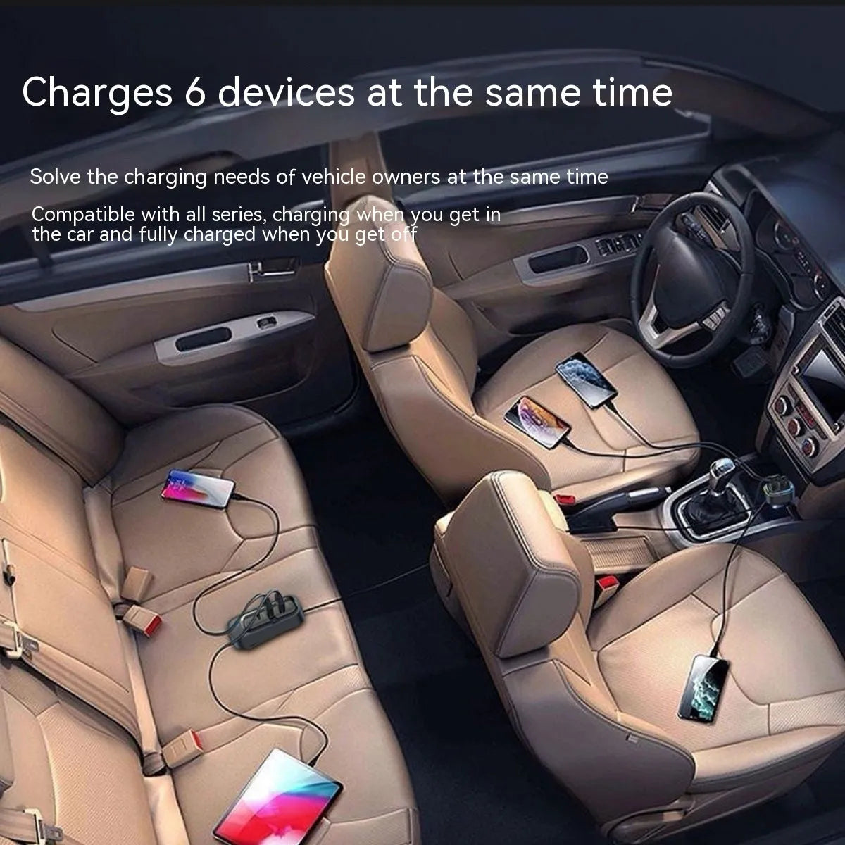 120W universal car fast charger with cigarette lighter plug and USB ports for Apple and Huawei phones.