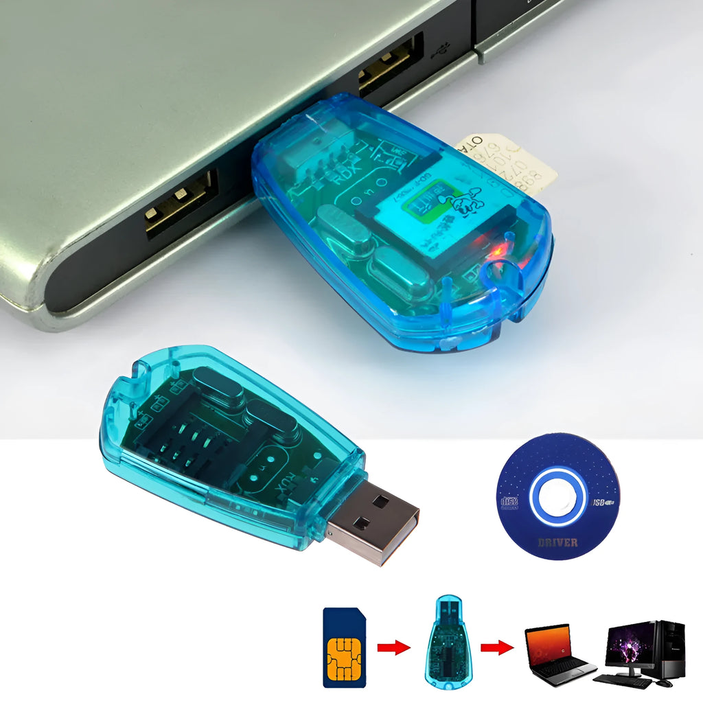 Blue mobile phone SIM card reader with USB 2.0 connector for data backup
