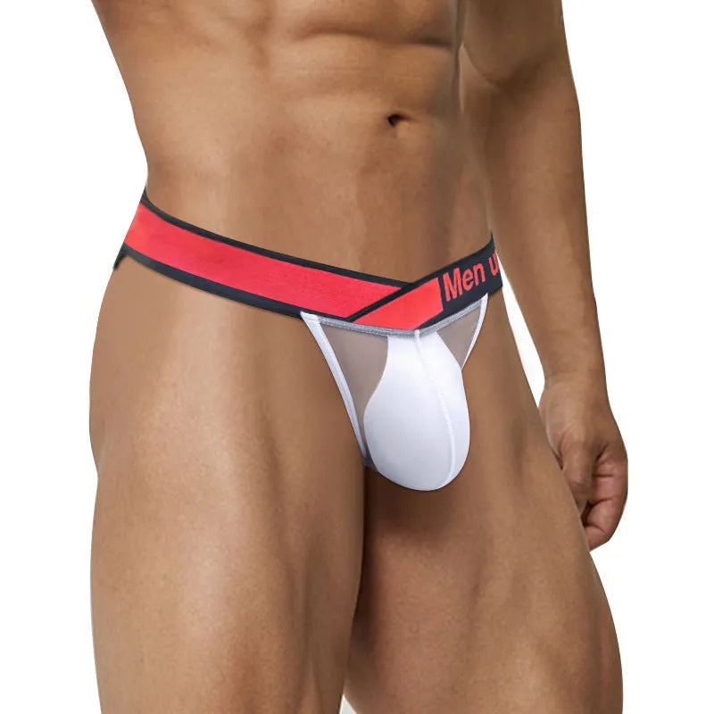 Men's transparent ice silk underwear with V gradient design in black, red, and white colours