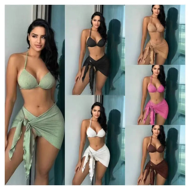 Women's sexy Russian split style three-piece swimsuit set in avocado green.