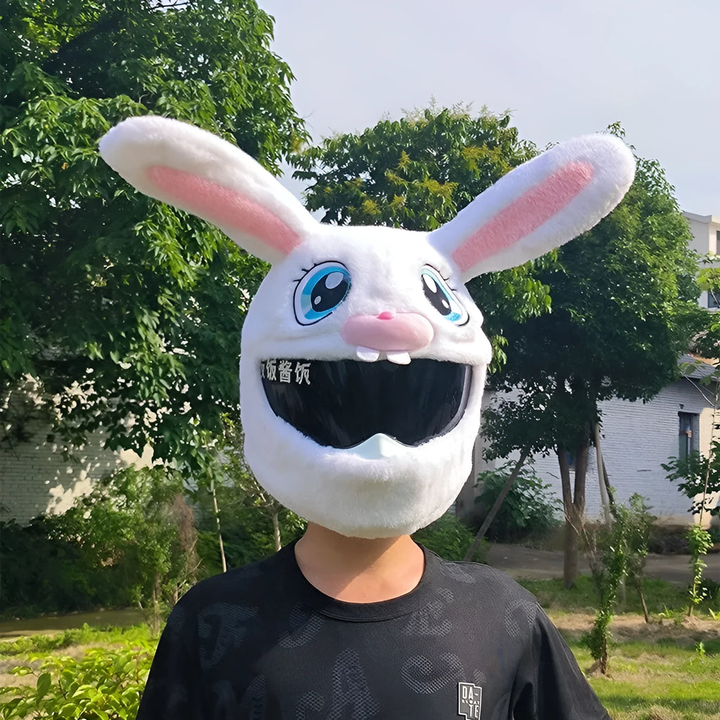 White decorative rabbit head helmet cover for electric motorcycles with plush lining.