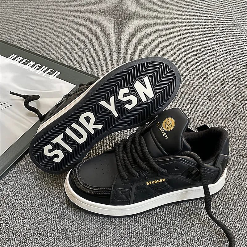 Men's black pu leather board shoes with thick rubber sole and lace-up front