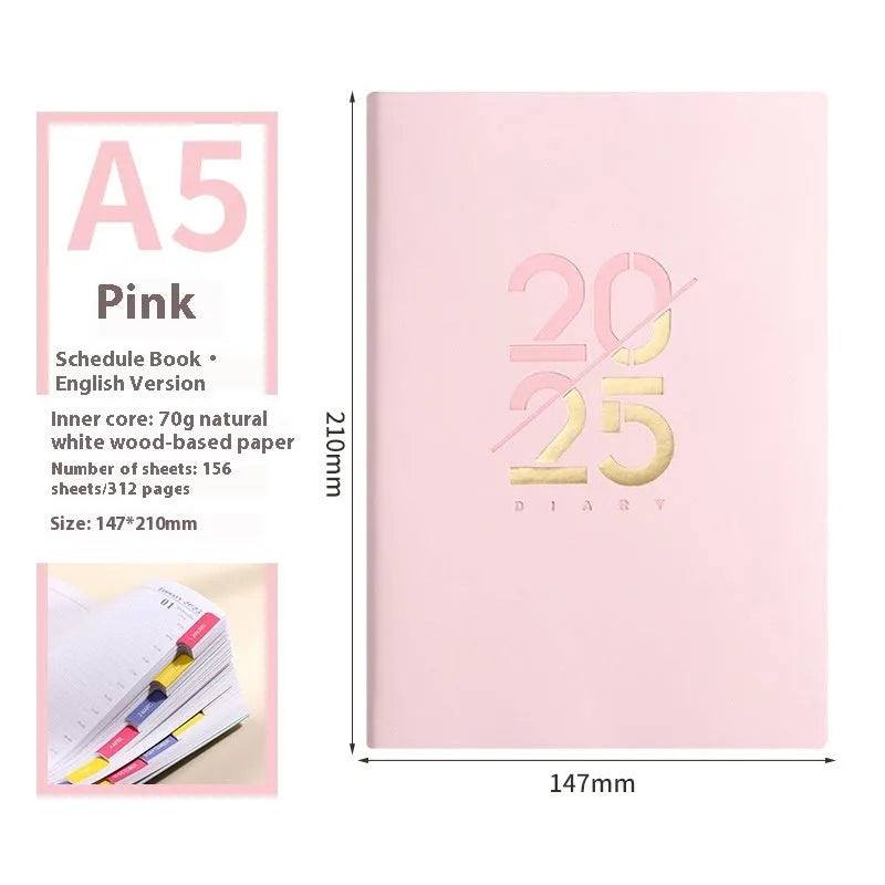 A5 daily planner notebook with faux leather cover open on a desk