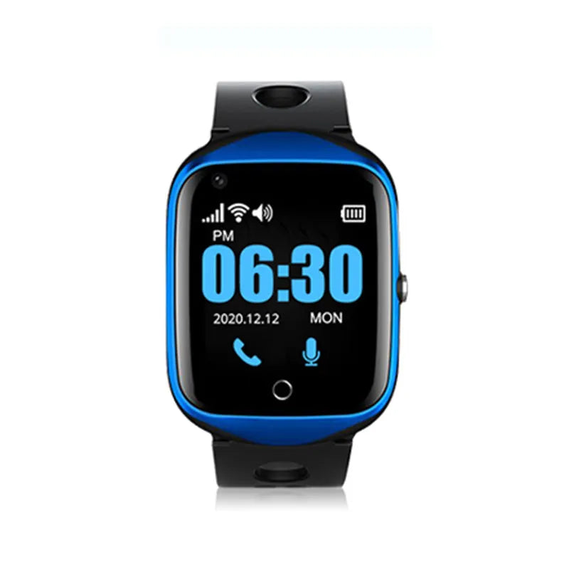 Square faced elderly smartwatch with GPS and SIM card slot on a silicone strap, shown in black, blue, and silver.