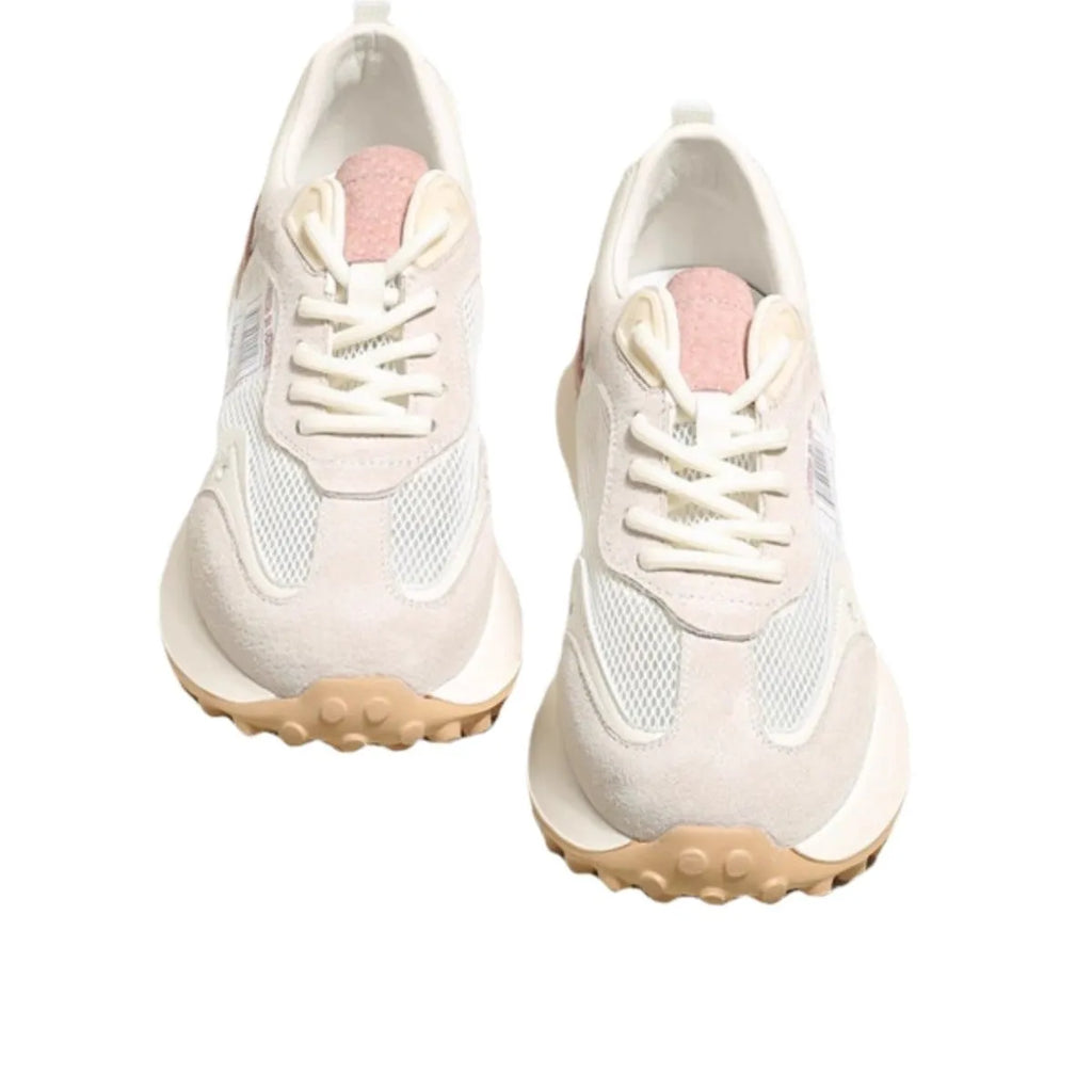 Women's grey and pink retro sneakers with low-top design and round toe