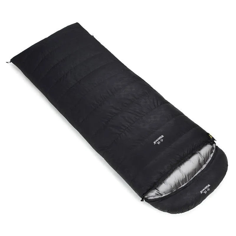Black adult outdoor sleeping bag with goose down filler and tear-resistant nylon fabric