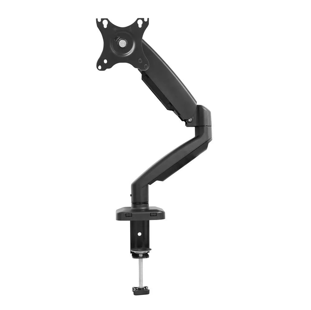 Black and white rotating telescopic LCD screen bracket with metal and aluminium construction on a desk