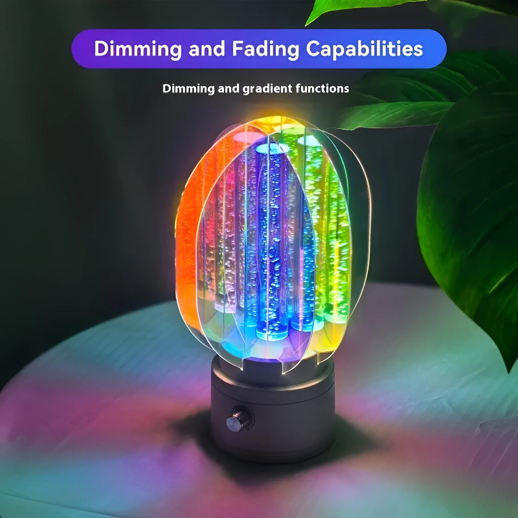 Creative small night lamp with rotating head and dimmable light on a table