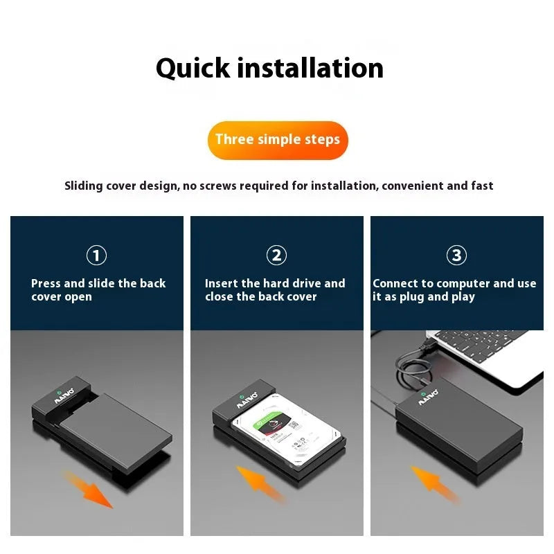 USB 3.0 external hard disk enclosure for 3.5 inch SATA drives with sliding cover and included power supply