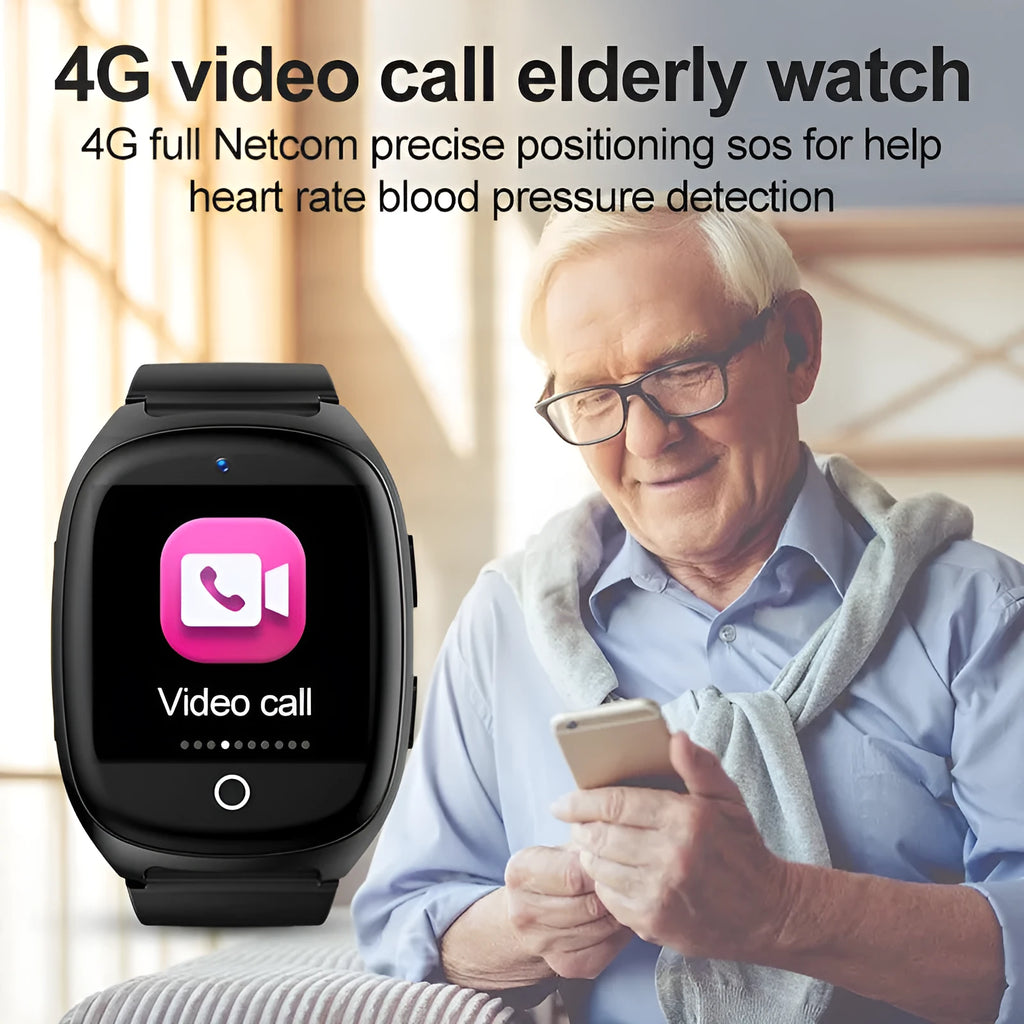 Black GPS tracker phone watch with 1.54-inch touch screen showing SOS and heart rate monitoring features.