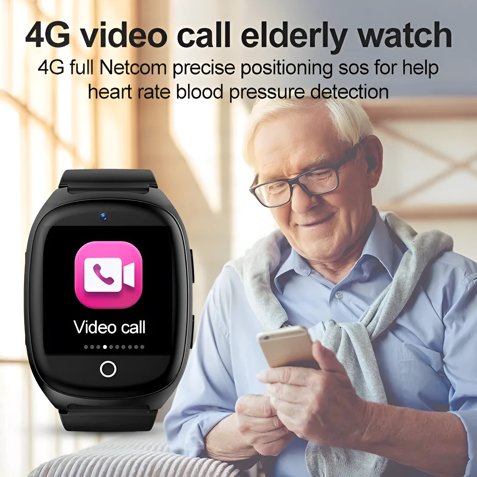Black GPS tracker phone watch with 1.54-inch touch screen showing SOS and heart rate monitoring features.