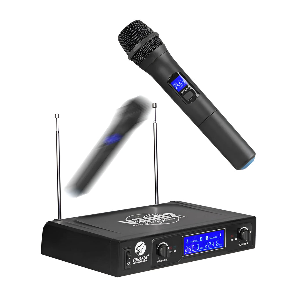 Black V-3002 wireless handheld microphone set with two mics and a transmitter on a dark surface.