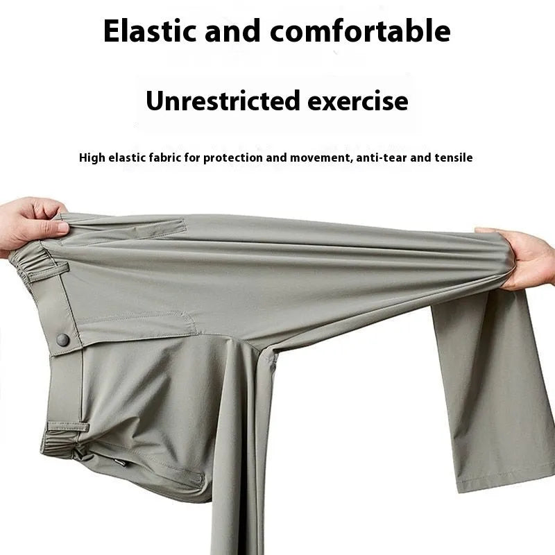 Men's loose fit straight leg Ice Silk trousers in black, dark blue, or light grey with an elasticated waistband.