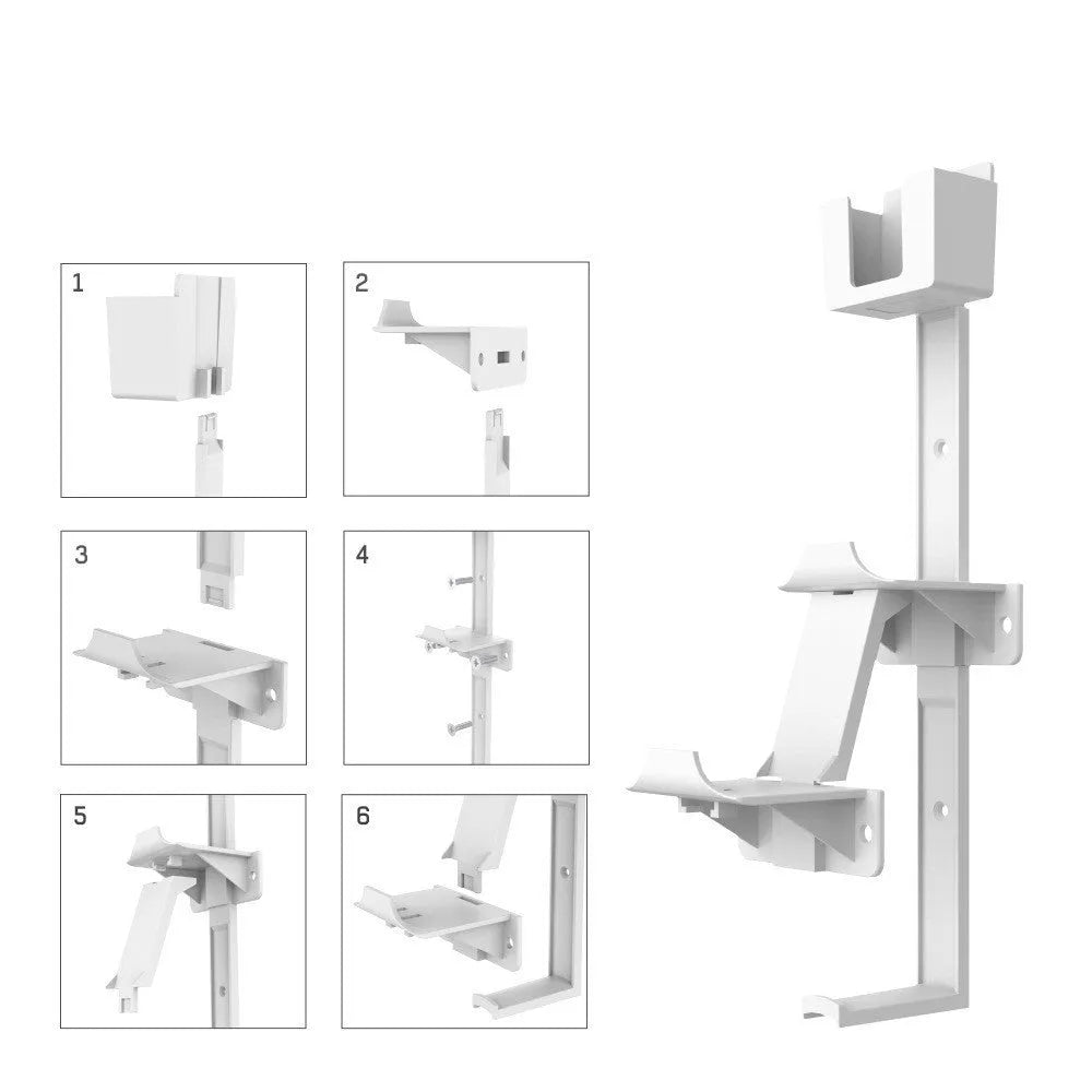 White adhesive wall hook holding a PS5 controller and gaming headset.