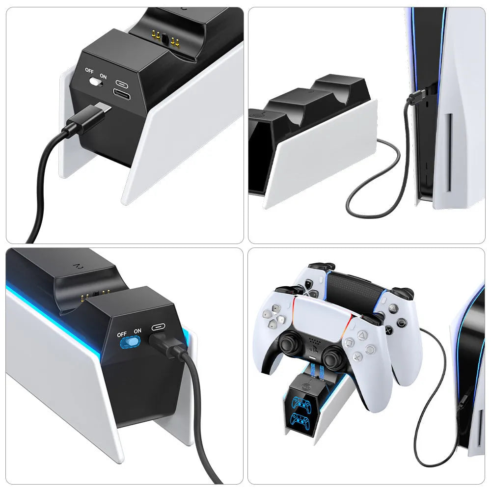 White PS5 wireless handle charger with RGB LED indicator and fixed dock, measuring 18.8 by 5.9 by 16.8 cm