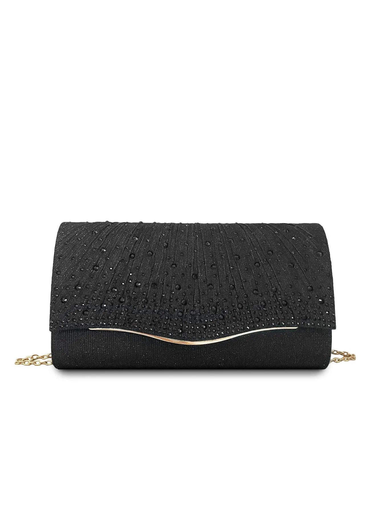 Woven fabric horizontal square dinner clutch with rhinestone diamond pattern, available in black, for women's party and daily use.