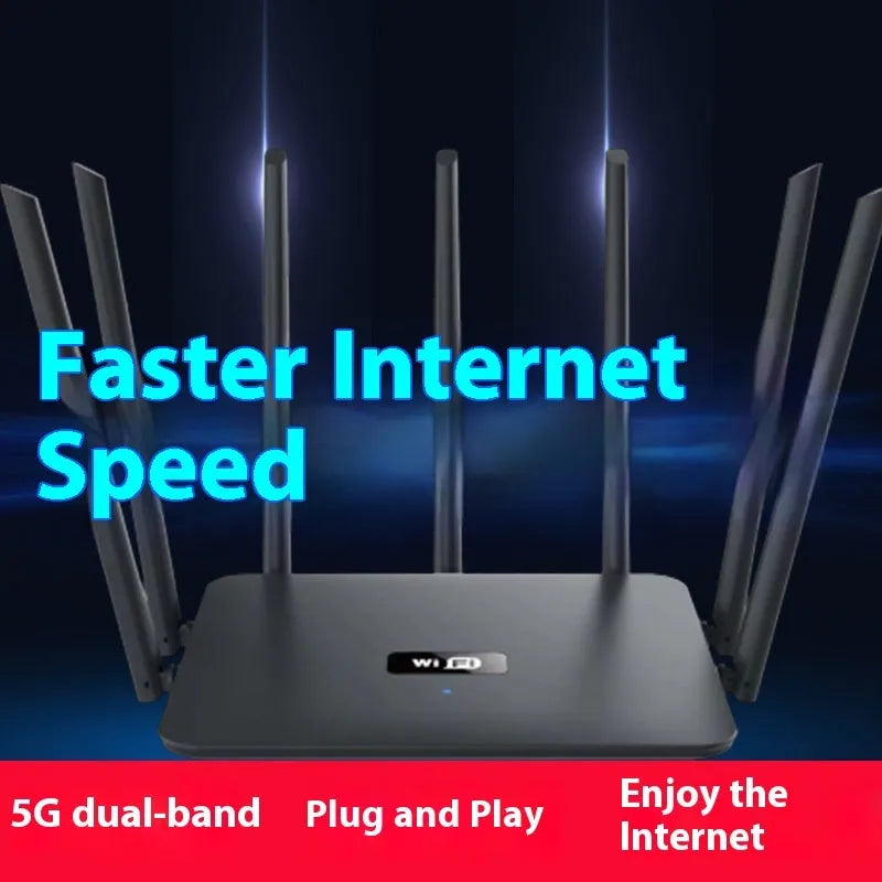 White dual-band gigabit router with five external antennas for wall-penetrating home WiFi coverage