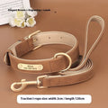 A rose red double-layer leather dog collar with mohair lining and a matching traction rope on a white background.