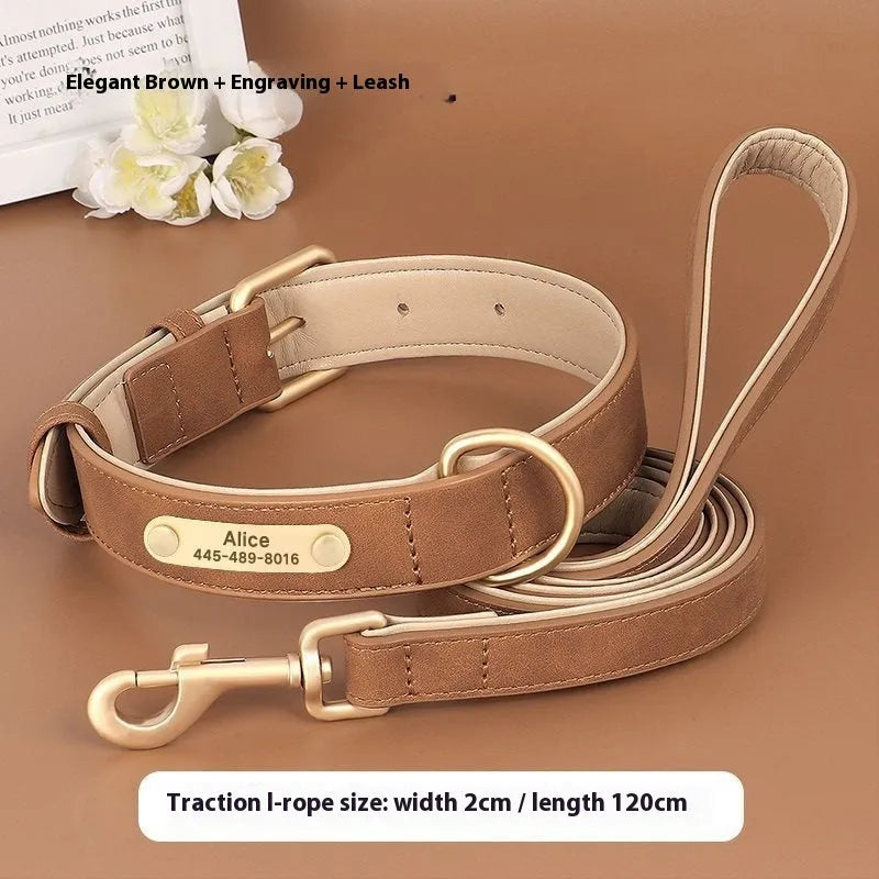 A rose red double-layer leather dog collar with mohair lining and a matching traction rope on a white background.