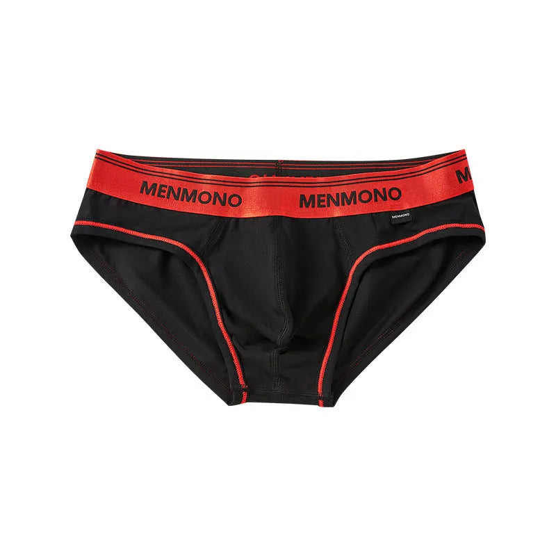 Men's low waist cotton briefs in a grey and red colour combination on a white background.
