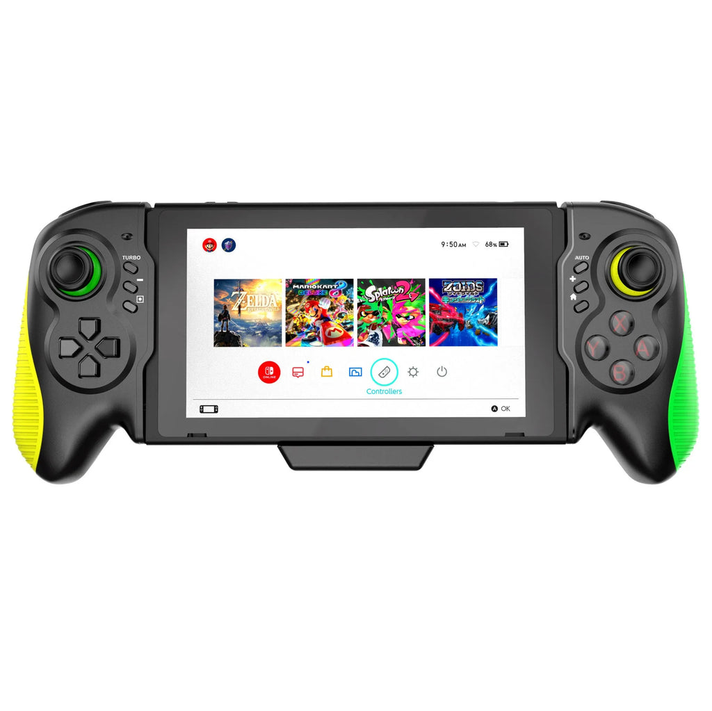 Yellow-green ABS plastic game controller with an in-line handle design for Nintendo Switch and PC.
