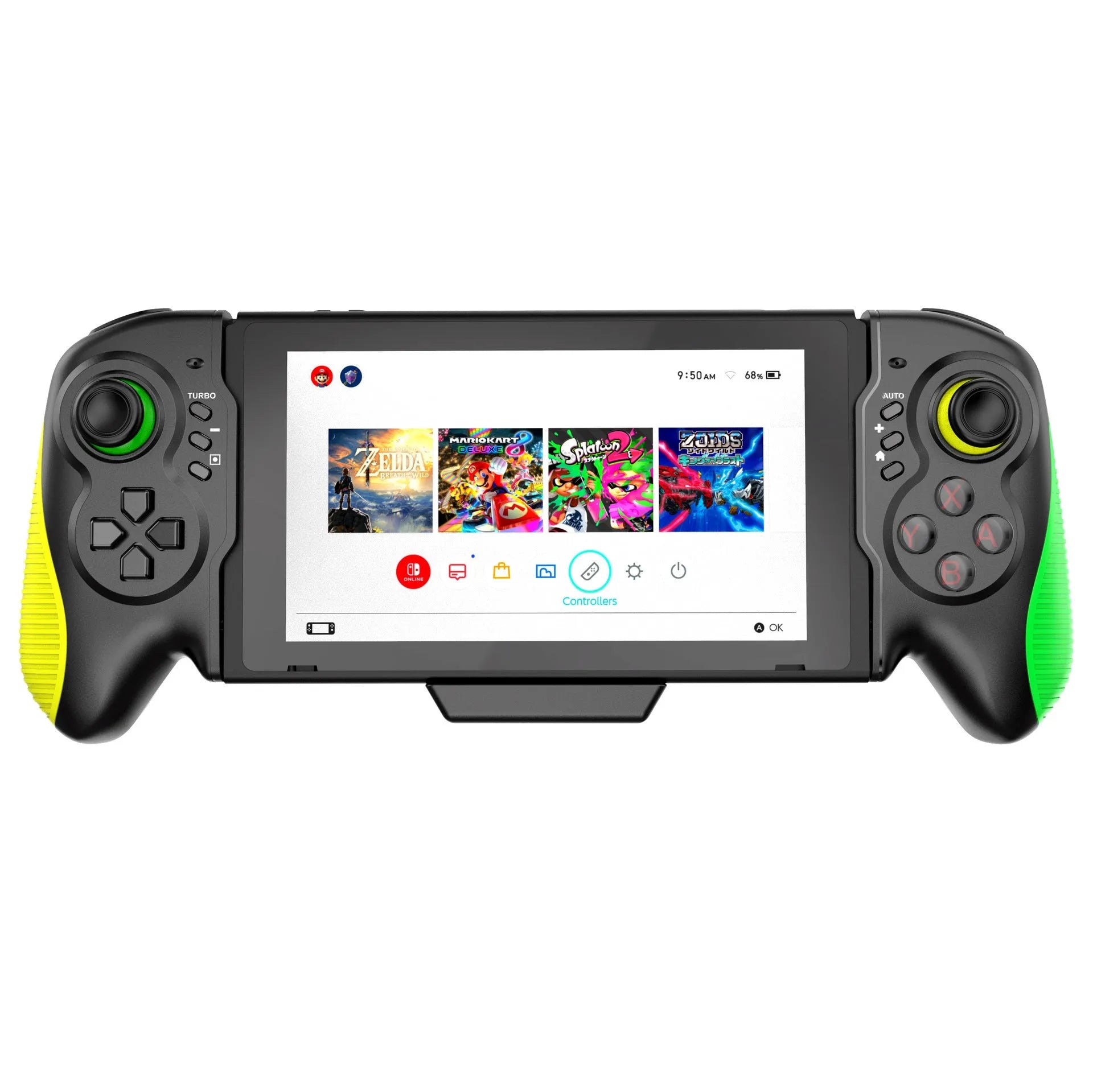 Yellow-green ABS plastic game controller with an in-line handle design for Nintendo Switch and PC.