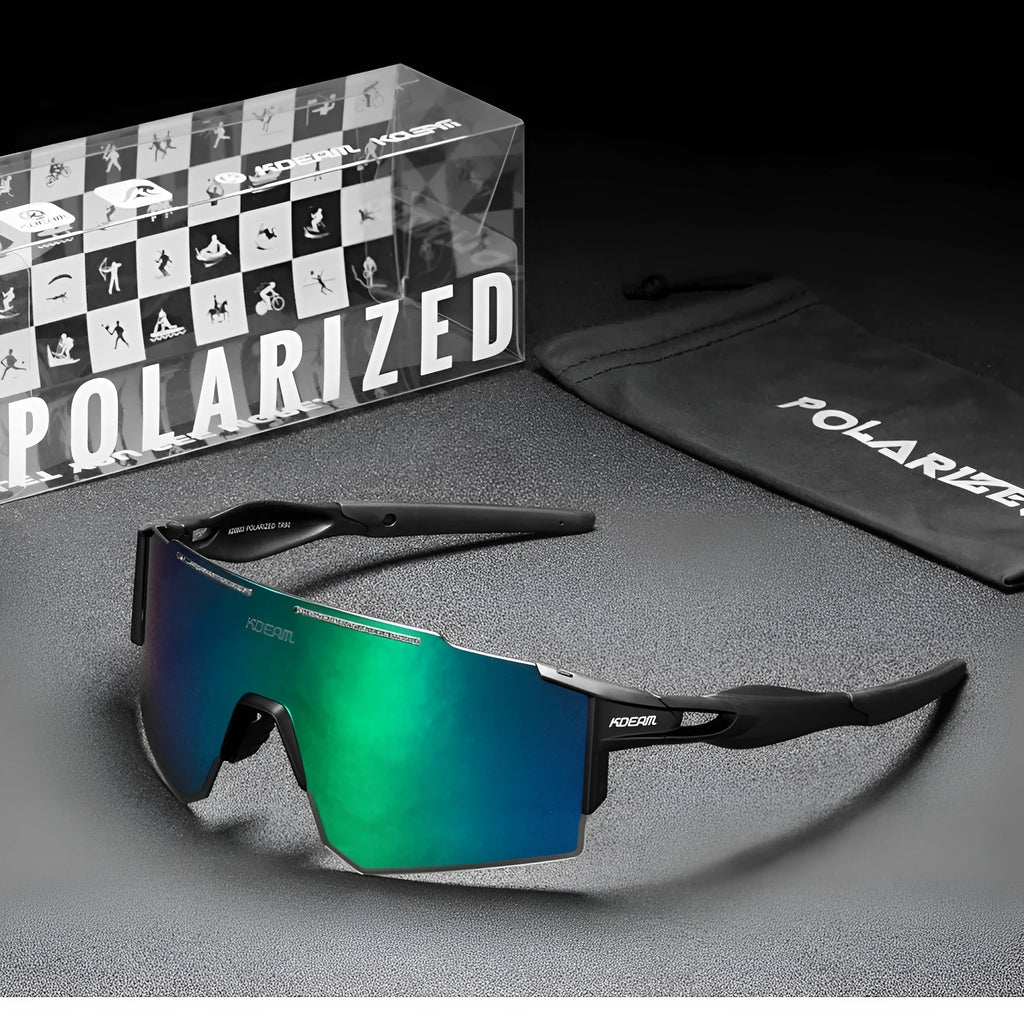 Polarised frameless sports sunglasses with TR90 temples shown in a colour option, resting on a surface.