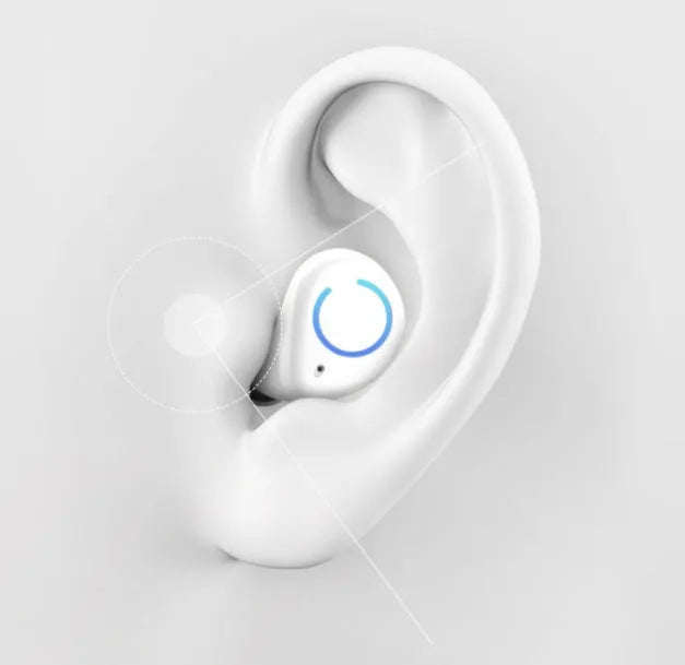 Black and white true wireless in-ear Bluetooth headset with charging case on a plain background.