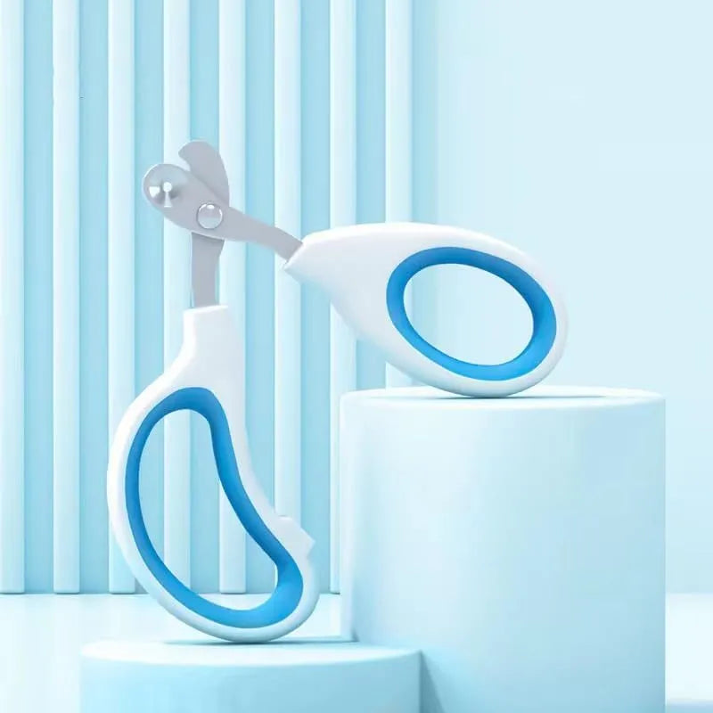 Blue professional cat nail clippers with a circular safety hole and cushioned non-slip handles.