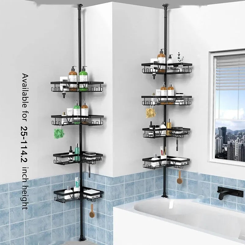 Hole-free retractable bathroom storage rack with four stainless steel shelves