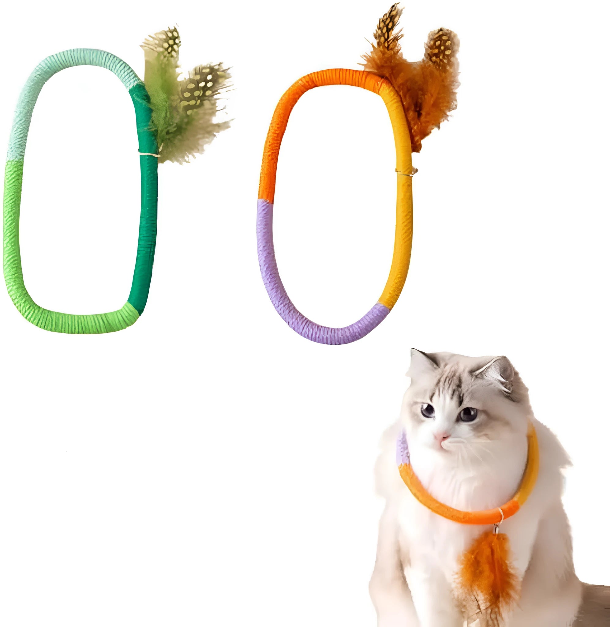 Circular green cotton rope cat toy with feathers for chewing and interactive play