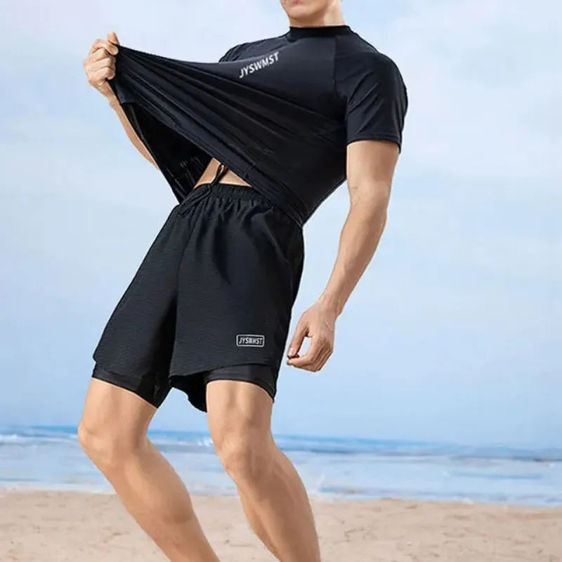 Men's polyester swimsuit set with top and pants in plus sizes M to 4XL