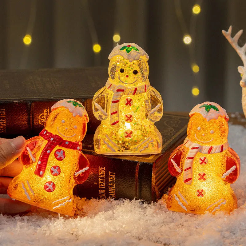 Glowing gingerbread man Christmas ornament with snowman design in plastic construction