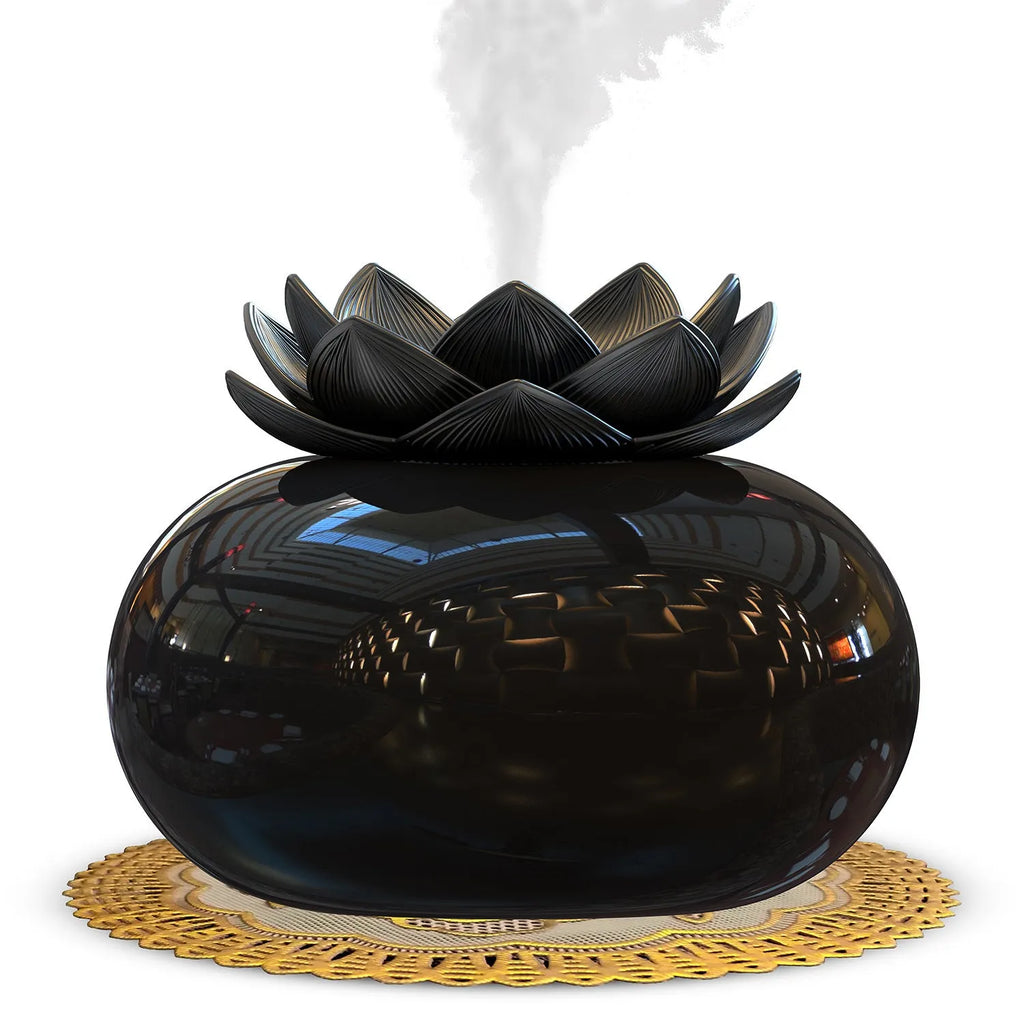 Pure black USB lotus aromatherapy humidifier with ceramic construction and round design