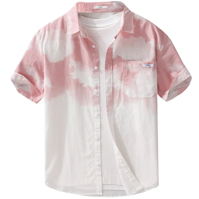 Men's light pink pure cotton summer shirt with loose cardigan style and short sleeves