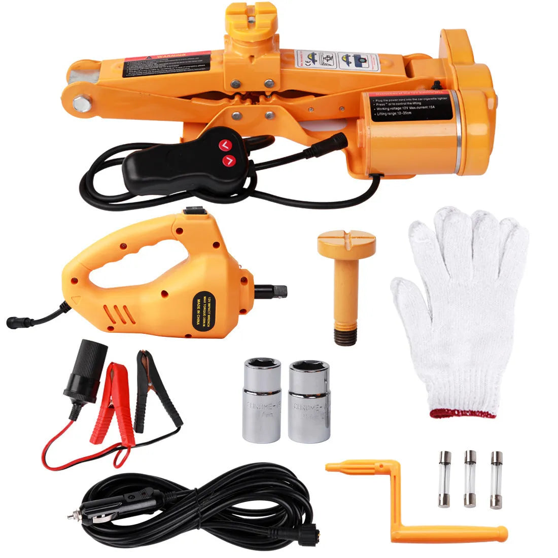 Yellow steel car electric hydraulic jack set with an electric wrench on a garage floor.