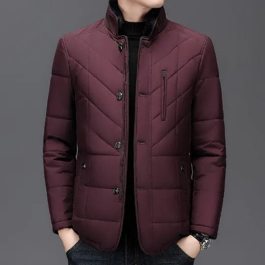 Men's solid colour winter short coat with side pockets, shown in dark blue.