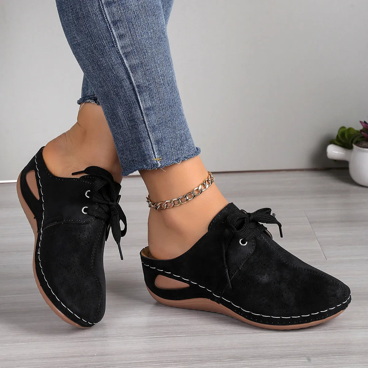 Women's summer lace-up slippers with suede upper and hollow-out wedges design in multiple colour options