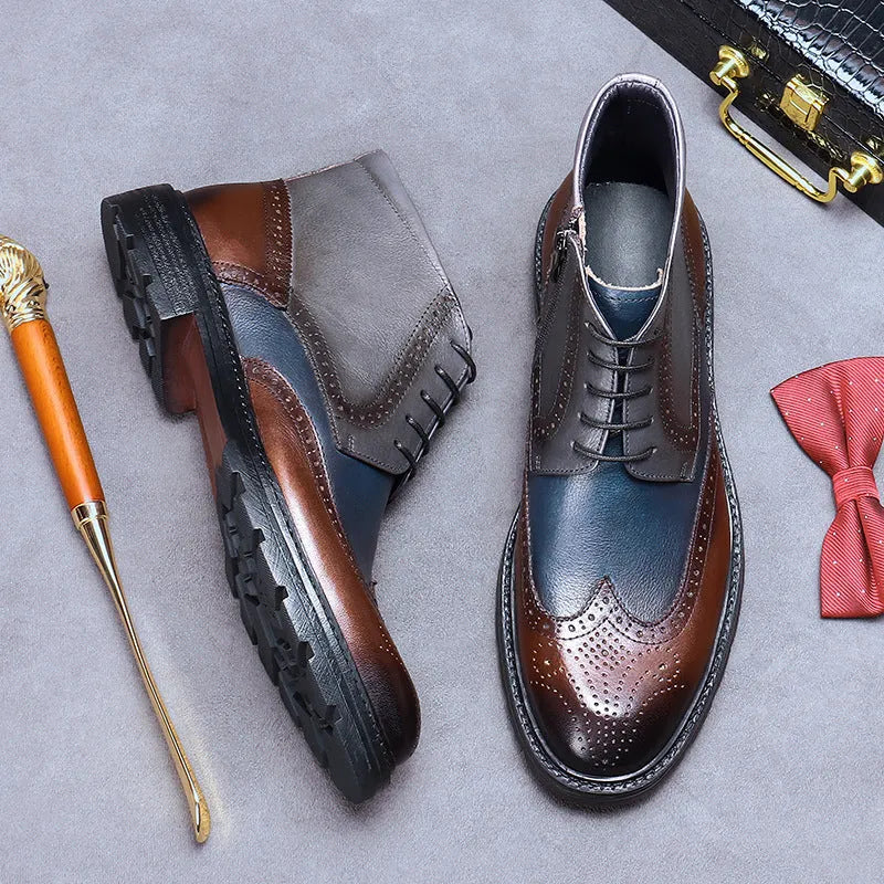 Men's curry blue leather brogue boots with colour-block design and carved detailing