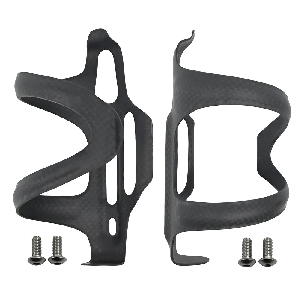 Black carbon fibre bicycle water bottle cage for road and mountain bikes.