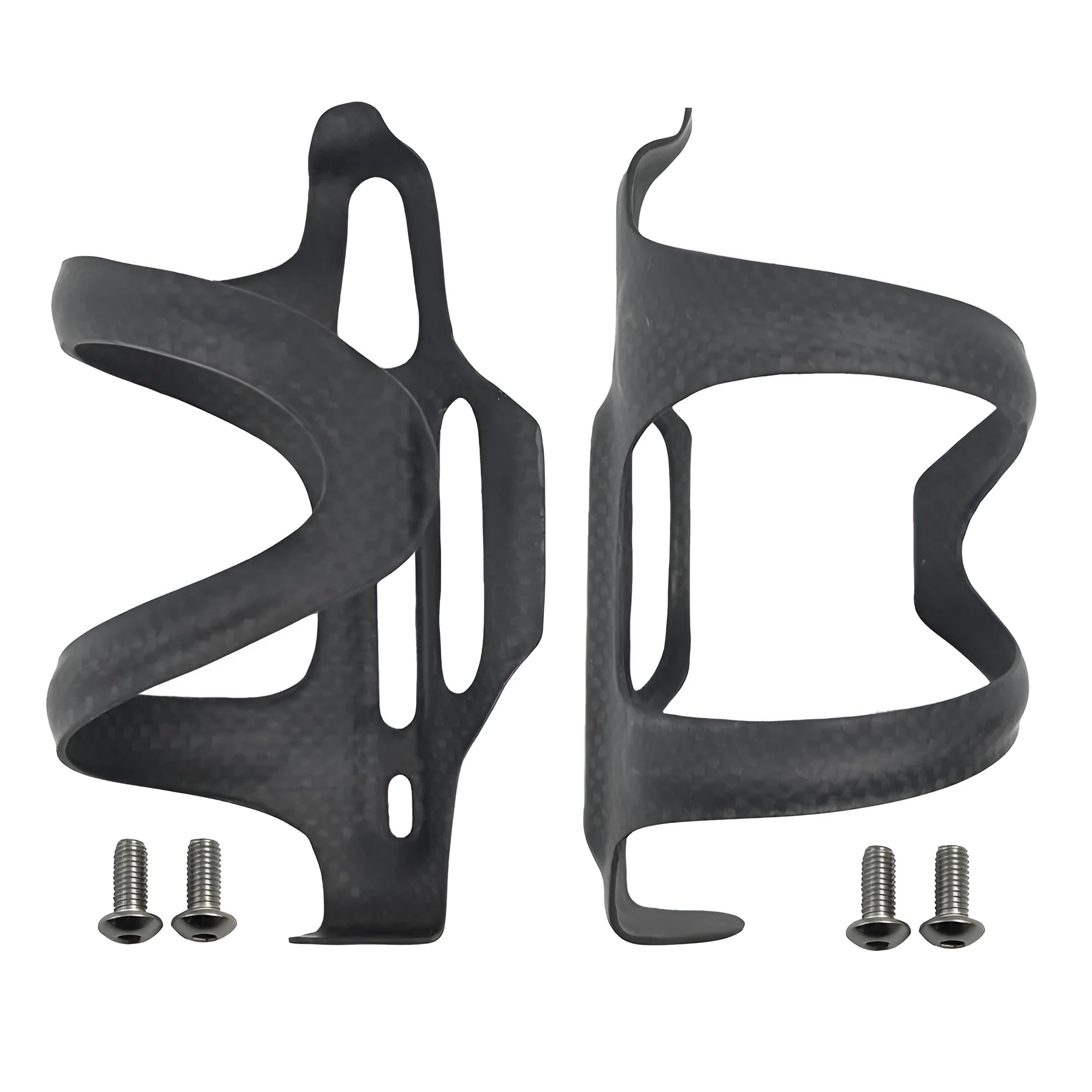 Black carbon fibre bicycle water bottle cage for road and mountain bikes.