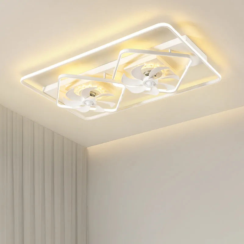Modern ceiling fan with integrated light fixture, 1100mm size with plastic blades and acrylic lampshade.