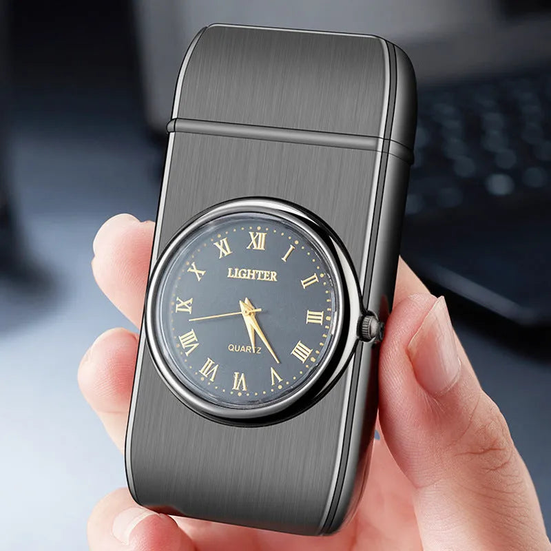 Multifunctional electronic watch and cigarette lighter with LED light in metal body.