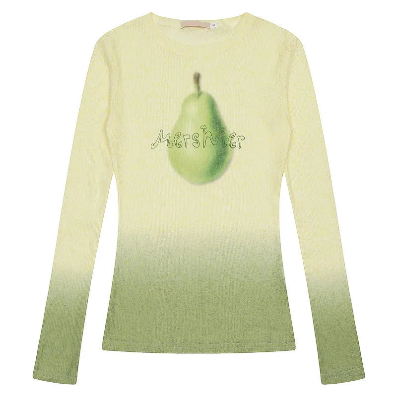 Women's yellow green gradient floral print long sleeve t-shirt on a hanger.