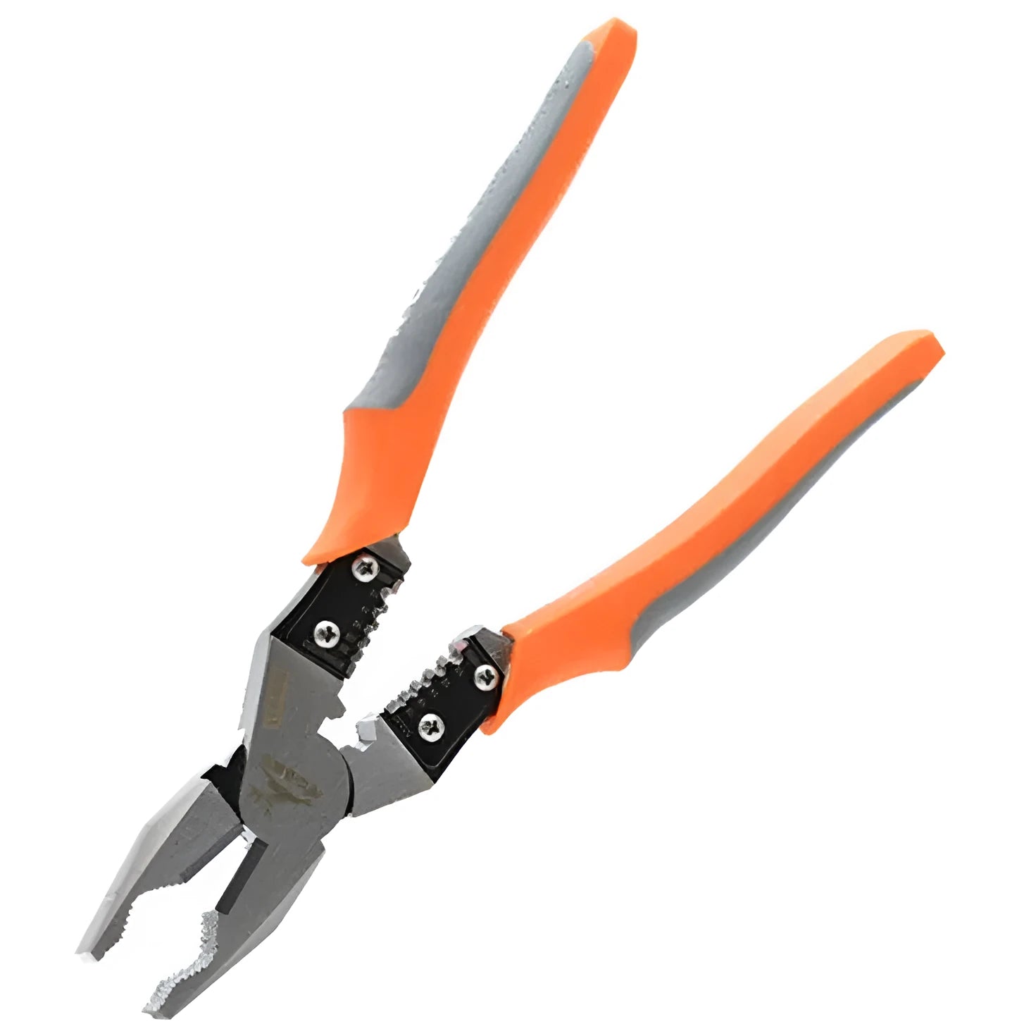 Orange multi-function wire cutter pliers with forged steel jaws and textured PVC handles.