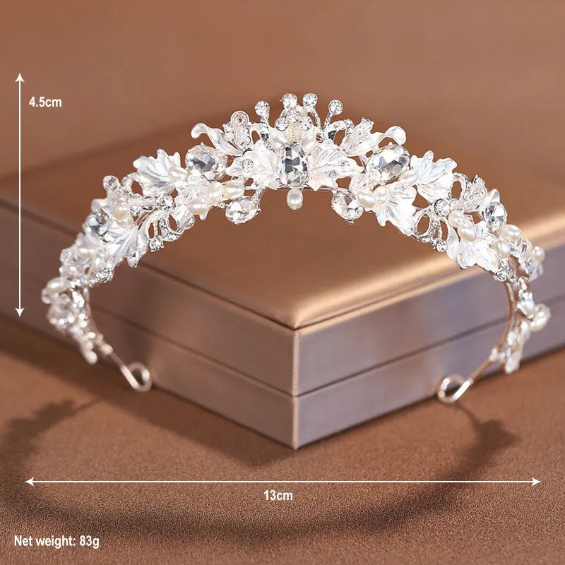 Women's pearl-decorated alloy crown headdress in gold or silver electroplated finish.