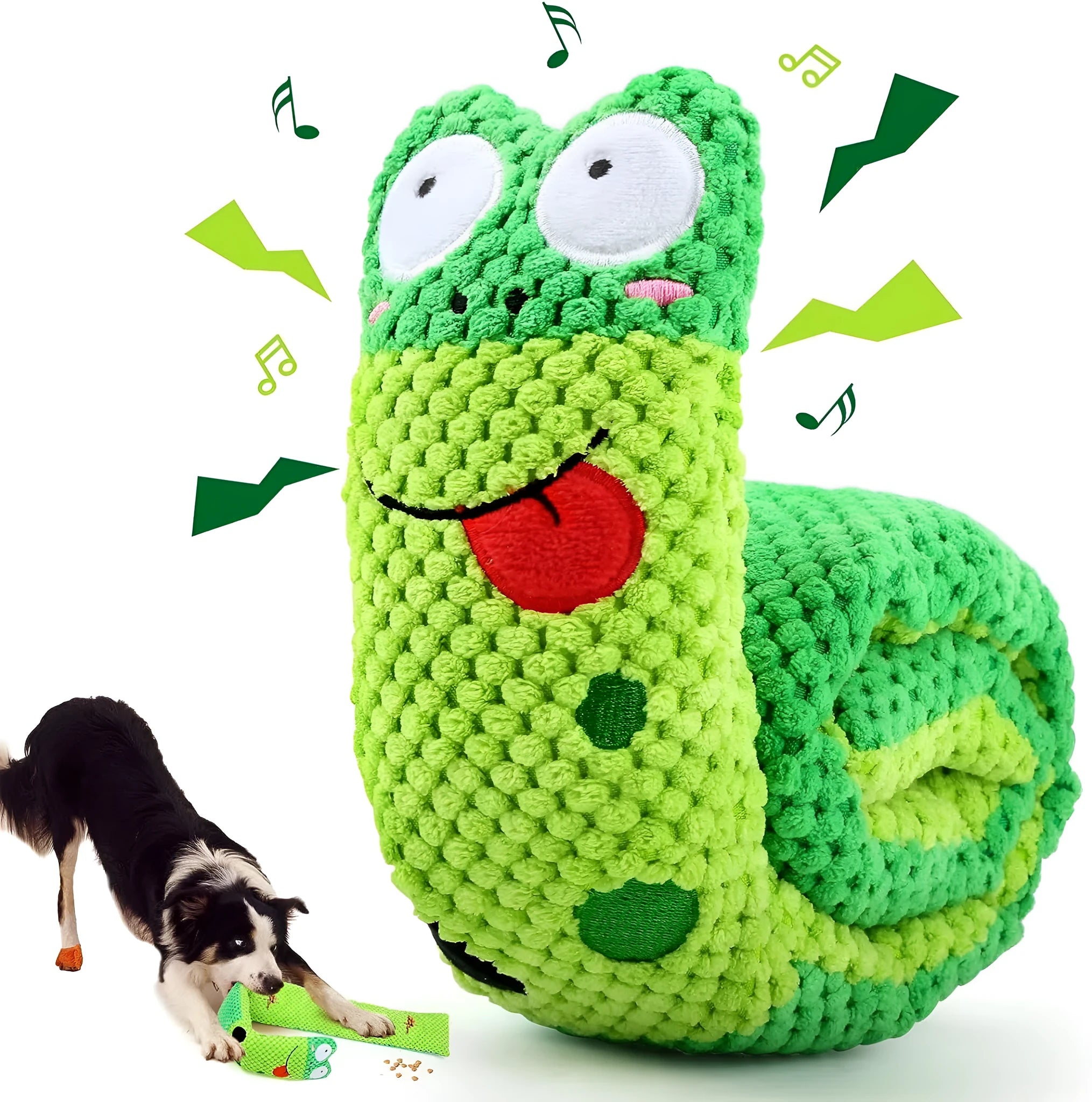 Squeak dog puzzle toy in frog design with hidden food holes for foraging training