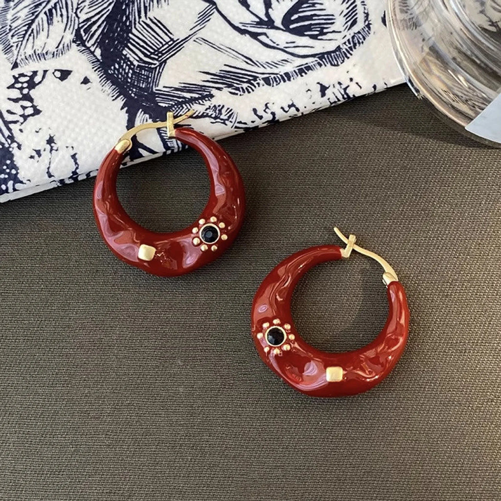 Hong Kong style retro rhinestone ear studs with dripping oil treatment in black and red colour options